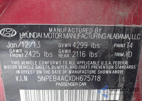 2013 Hyundai Sonata Gls z USA, uszkodzony, nr VIN 5NPEB4ACXDH675718